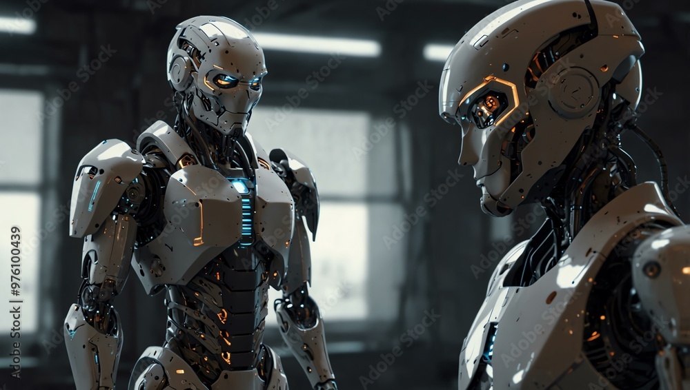 Poster future robot in modular nanite armor.