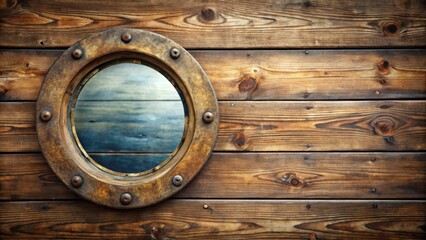 Close up of a ship porthole on a weathered wooden wall