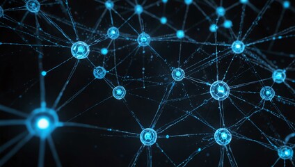 Futuristic digital network with glowing blue nodes.