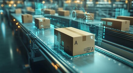 Smart warehouse management system using augmented reality technology to identify package picking and delivery . Future concept of supply chain and logistic business	
