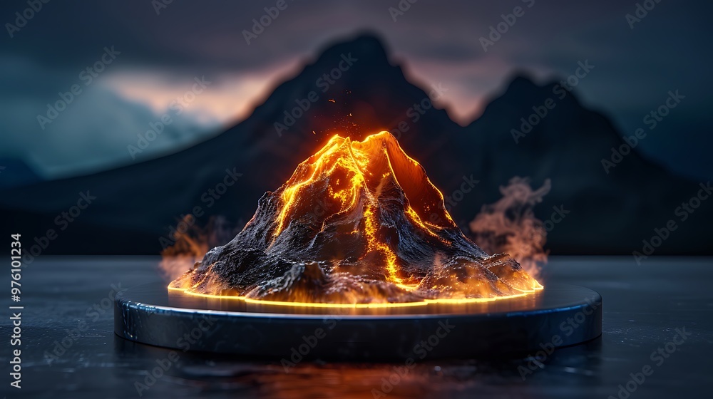 Poster a digital render captures a volcano erupting atop a black platform, frozen in time.