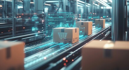 Smart warehouse management system using augmented reality technology to identify package picking and delivery . Future concept of supply chain and logistic business	
