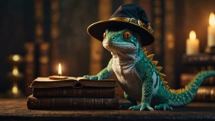 Gecko in a wizard hat standing on a spellbook
