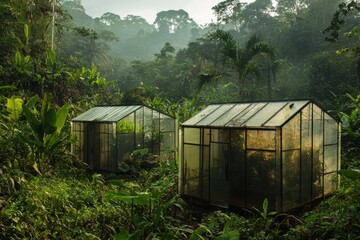 Lush tropical greenhouse garden with plush foliage and misty atmosphere