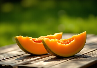 Fresh cantaloupe slices on rustic picnic table, basking in warm sunlight, evoke sense of summer joy and relaxation. vibrant orange fruit contrasts beautifully with natural green background