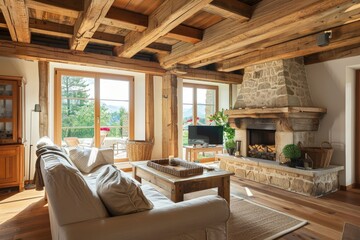 Fototapeta premium Cozy Rustic Living Room with Wooden Beams and Stone Fireplace, Perfect for Winter Retreats