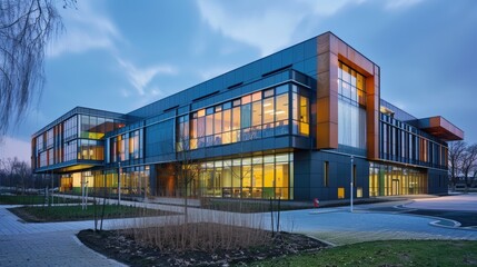 Obraz premium Modern Eco-Friendly School with Energy Efficient Design in a Cold Climate Setting