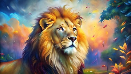Majestic lion portrait with colorful mane in a vibrant autumn landscape