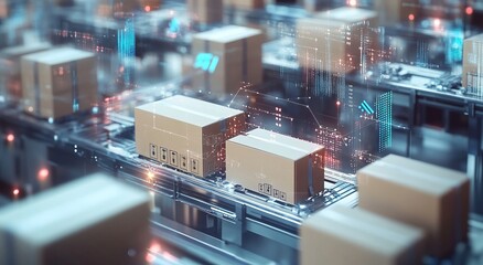 Smart warehouse management system using augmented reality technology to identify package picking and delivery . Future concept of supply chain and logistic business	
