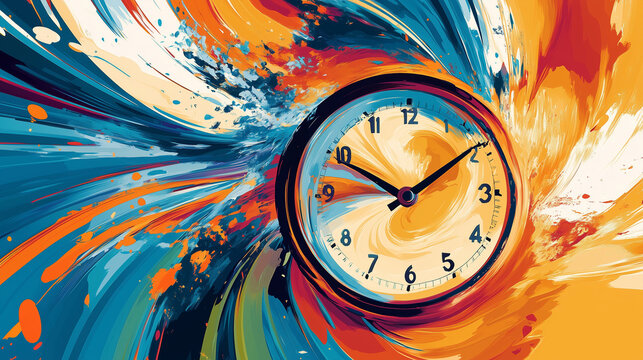 Vibrant abstract clock artwork with dynamic blue and orange paint splashes