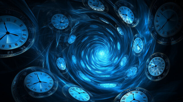 Blue swirling time vortex with multiple clocks and abstract background