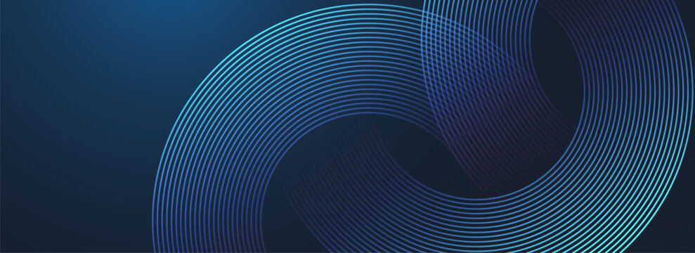 Abstract circle lines on dark blue background. Geometric stripe line art design for poster, brochure, cover, website, header, web banner, presentation