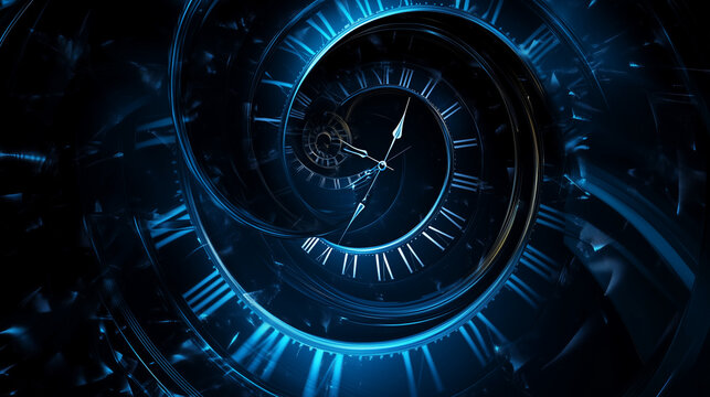 Abstract spiral clock with Roman numerals in dark blue futuristic background