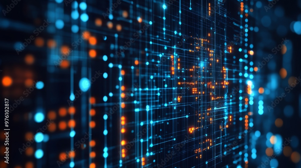 Poster this vibrant digital background showcases an intricate network of interconnected data points in blue