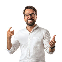 A product manager holding a prototype and gesturing as if explaining features with a smile. isolated on transparency background