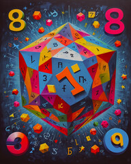 Colorful 3d cube with numbers and symbols on grunge background