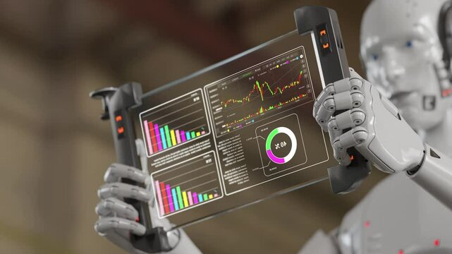 AI-powered robots analyzing business data for real-time dashboards. Enhance decision-making with artificial intelligence to simplify complex data analysis and deliver insights for business growth.