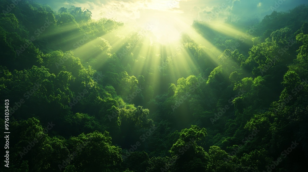Poster sunbeams filtering through a dense forest canopy, creating a breathtaking spectacle of light and sha