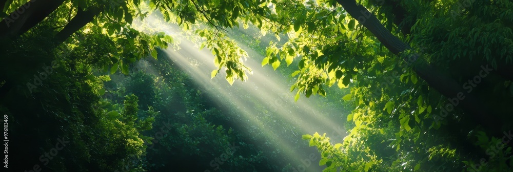 Poster sunbeams filtering through a dense forest canopy, creating a magical and ethereal atmosphere. the li