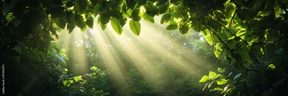 Poster sunbeams filtering through a dense forest canopy creating a magical and ethereal atmosphere. the ima