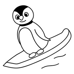 A cute penguin sliding down a hill on a sled, simplified with smooth lines vector