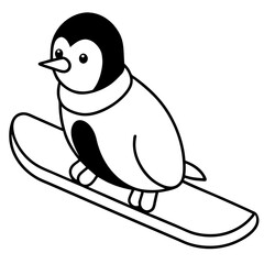 A cute penguin sliding down a hill on a sled, simplified with smooth lines vector