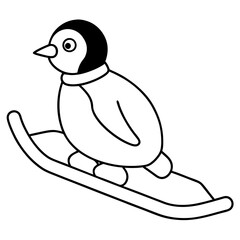 A cute penguin sliding down a hill on a sled, simplified with smooth lines vector