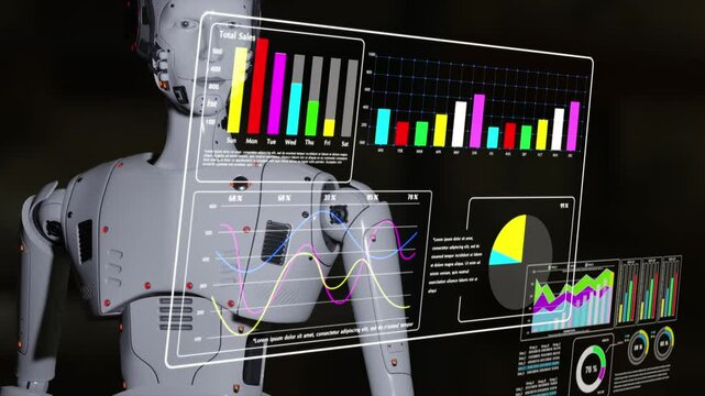 Artificial intelligence and robots transforming business analytics with automated data processing. AI-driven insights streamline complex business operations into intuitive, real-time dashboards.