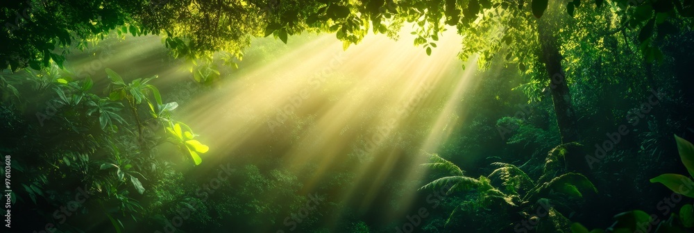 Poster sunbeams filtering through a forest canopy create a magical and ethereal atmosphere, highlighting th