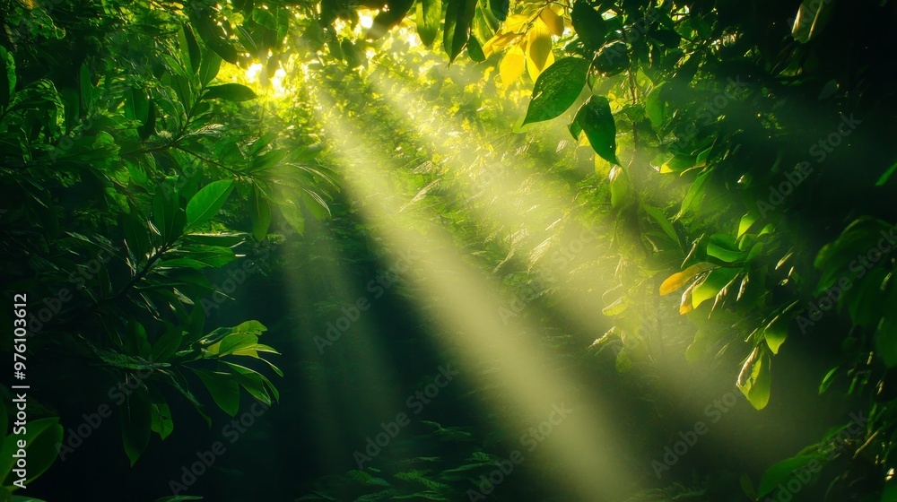 Poster sunbeams filtering through a dense forest canopy, creating a magical and ethereal atmosphere. this i