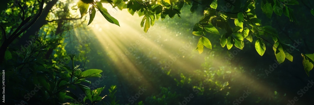 Poster sunbeams filtering through a lush forest canopy, creating a magical and ethereal atmosphere. this im