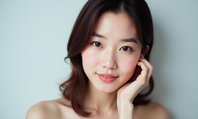 Fototapeta premium Beauty Korean Asian woman, looking at camera, clean background