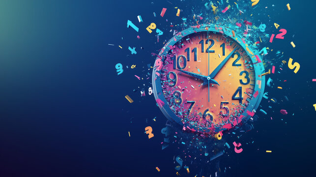 Colorful clock with exploding numbers on blue background