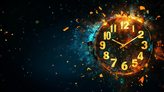 Exploding clock with glowing golden numbers and abstract energy burst