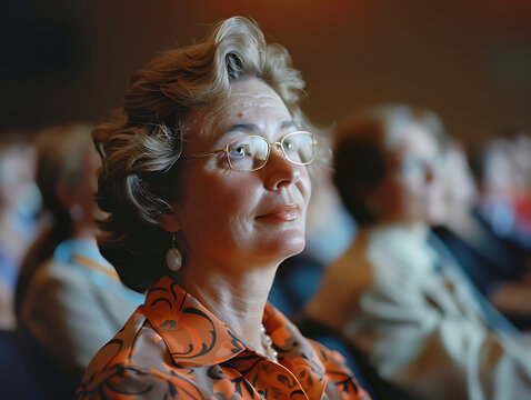 Mature Woman Engaging in AR Seminar, Exploring Digital Realms with Kodak Portra 400 Film