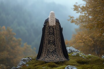 Solitude in the Mist:  A lone figure, cloaked in mystery, stands on a mossy rock overlooking a misty valley, evoking a sense of wonder and contemplation.  