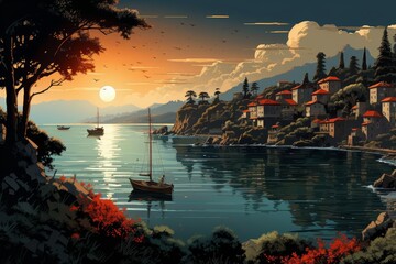 A nostalgic illustration of a coastline with a small fishing village