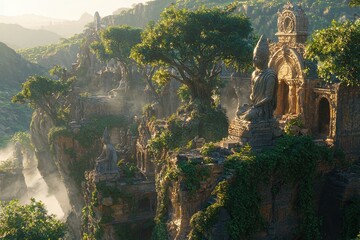 Naklejka premium Lush, mystical landscape with ancient Buddhist temple on cliffside surrounded by tropical jungle