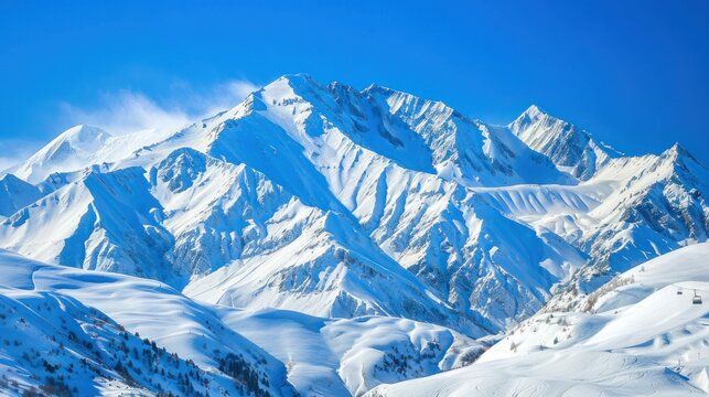 A picturesque snow-covered mountain range with clear blue skies - Powered by Adobe
