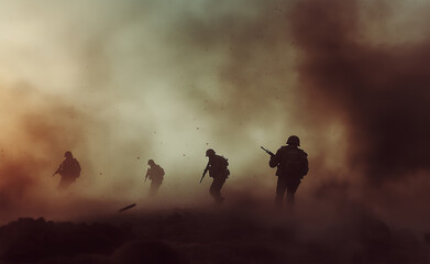 Fototapeta premium Soldiers advance through a cloud of dust in a battlefield, silhouetted against an intense, hazy background.