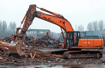 Large orange excavator at industrial scrap yard lifting wood and metal debris from ground