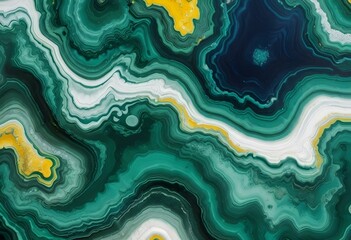 Textured malachite slab displaying swirling patterns of green and black, placed on a wooden surface to provide contrast and warmth to the image., navy blue, white and bold yellow color scheme, golden 