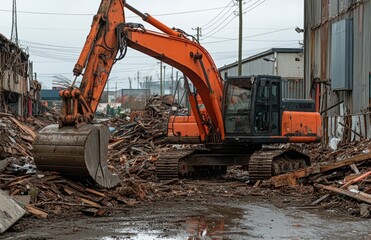 Large orange excavator at industrial scrap yard lifting wood and metal debris from ground