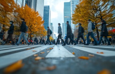 Low-angle view of pedestrians crossing a busy street, showcasing urban life and movement dynamics