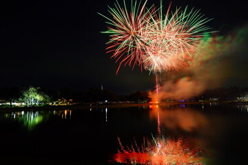 Zephyrhills night landscape and water side firework show	
