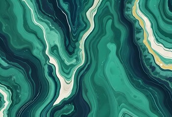 Fototapeta premium Textured malachite slab displaying swirling patterns of green and black, placed on a wooden surface to provide contrast and warmth to the image., navy blue, white and bold yellow color scheme, golden 