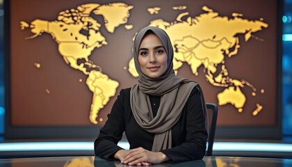 Fototapeta premium portrait of a Middle Eastern news anchor woman wearing a hijab