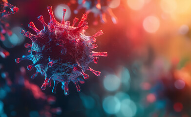 Obraz premium A highly detailed, colorful 3D illustration of a virus particle, glowing against a soft, blurry background.