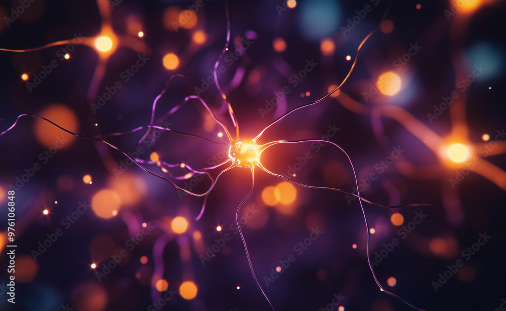 Poster abstract waves of glowing orange and purple particles flow through a dark background, creating a dyn