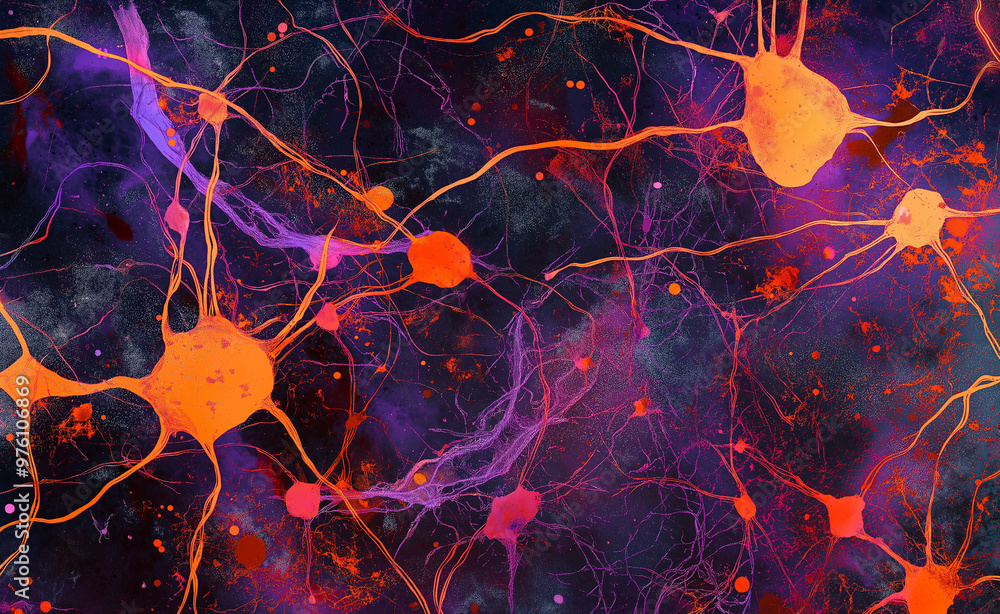 Poster abstract waves of glowing orange and purple particles flow through a dark background, creating a dyn